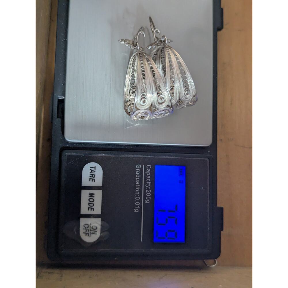 Vintage 925 Silver Large Filigree Flower & Bell Drop Earrings 7.59 Grams - Picture 7 of 7